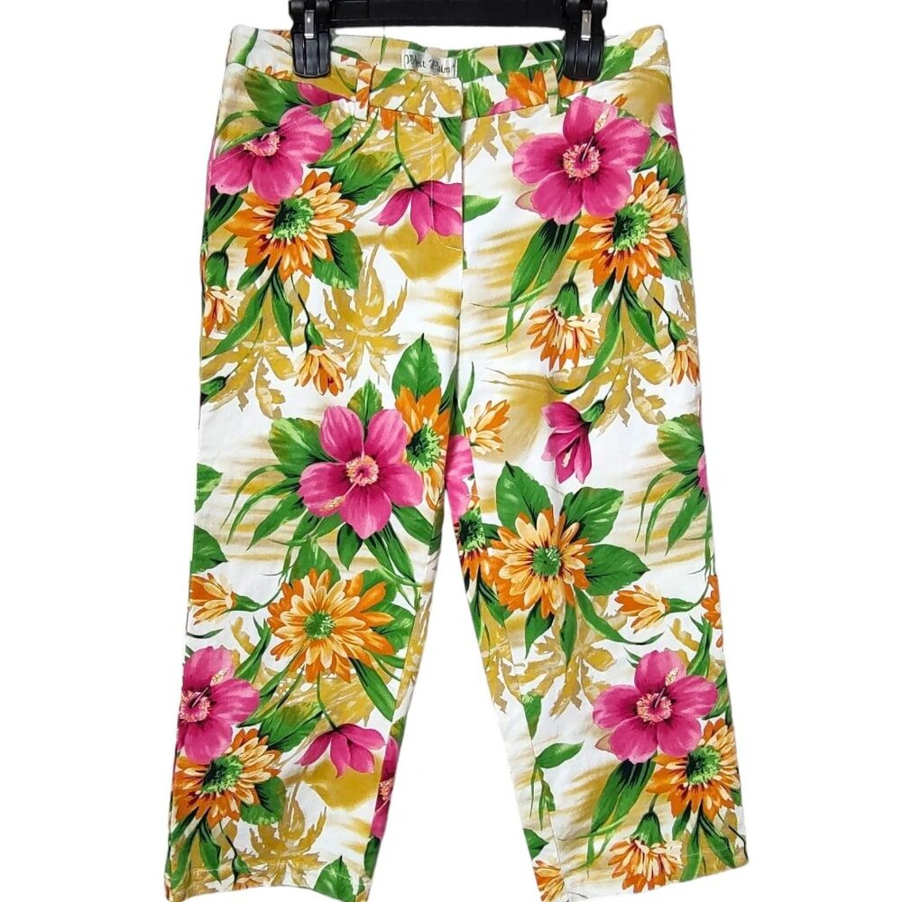 West Palm Womens Multicolor Floral Capri Pants Flat Front Slash Pockets Size 10